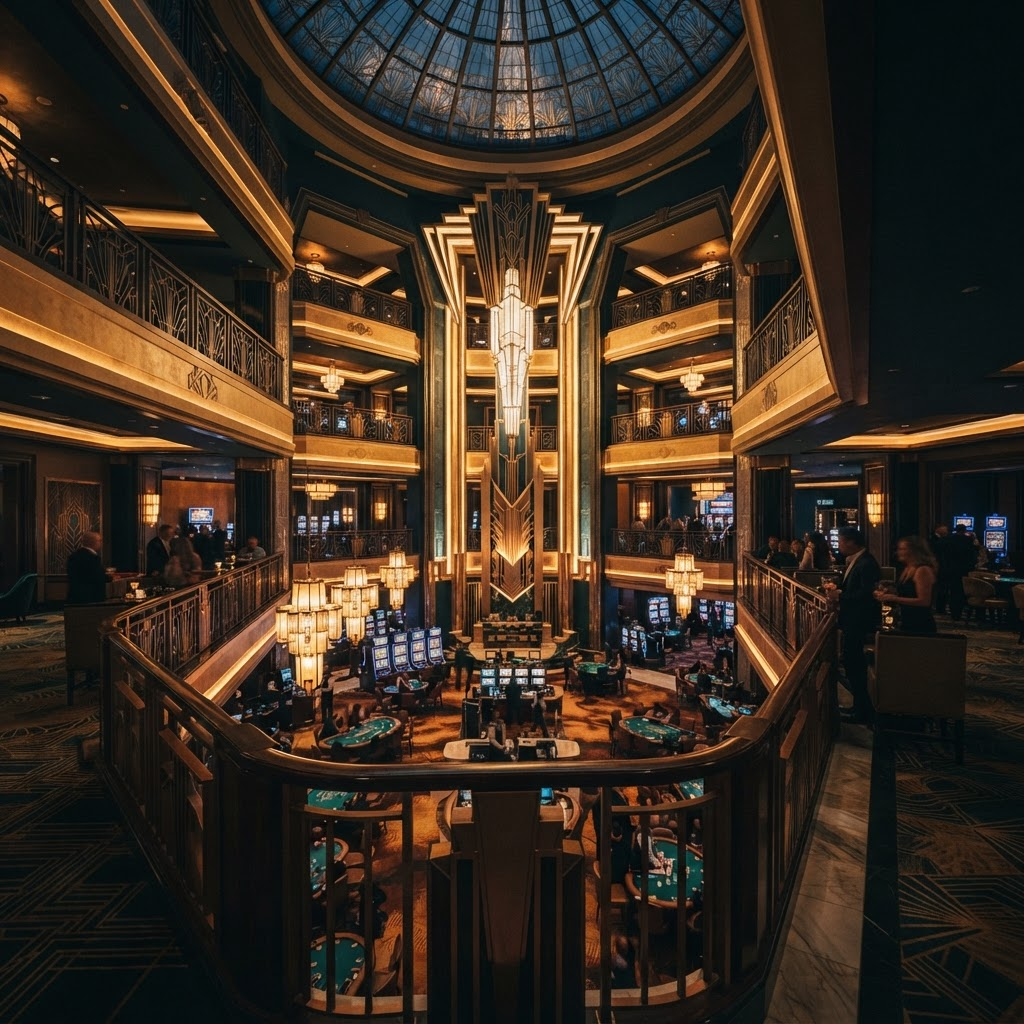 Warmly lit casino hotel atrium at dusk